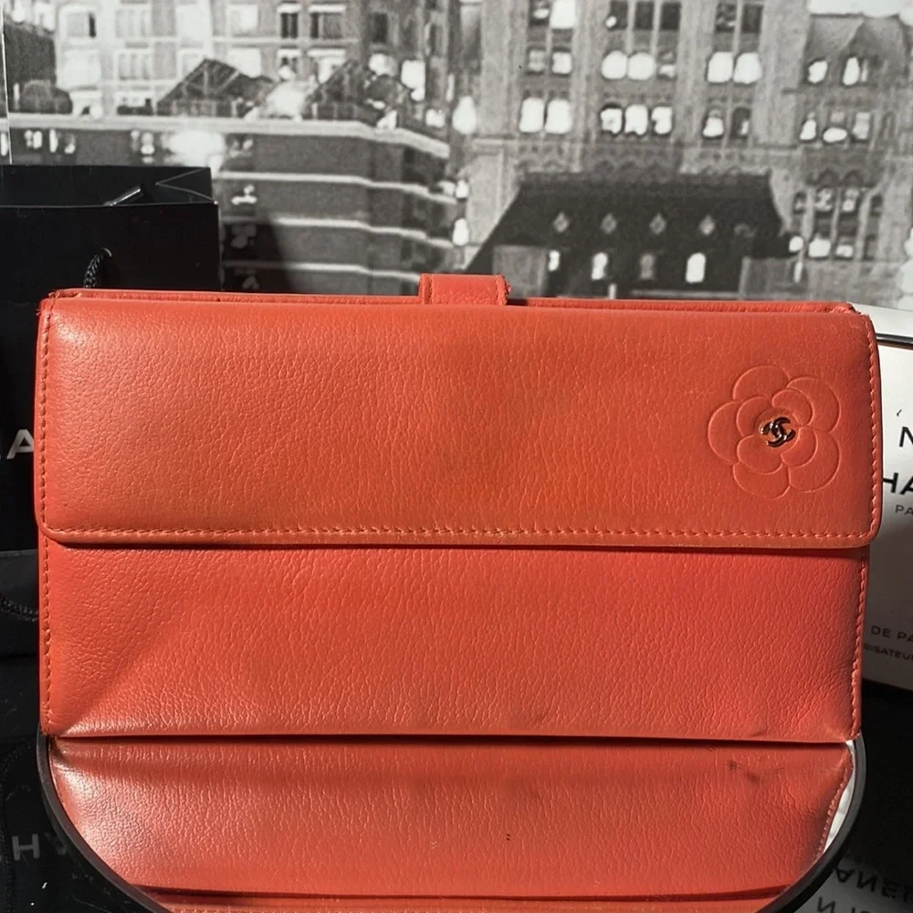 Vintage CHANEL Orange Leather Camellia Chain Wallet (2005)